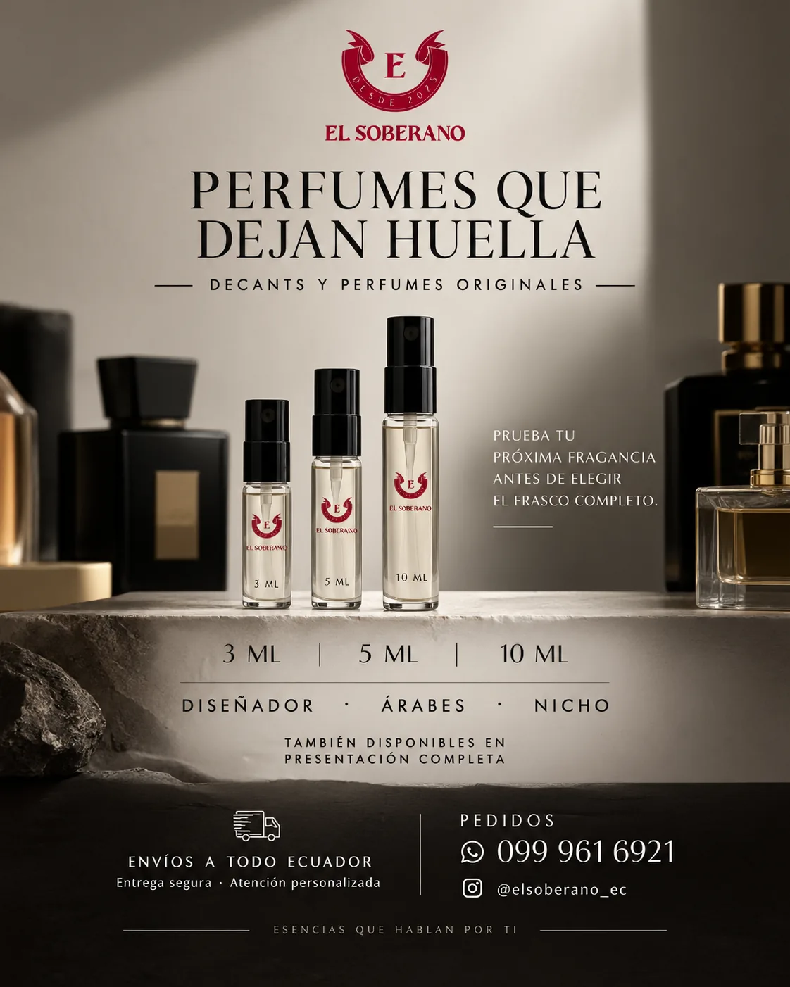 Tres decants EL SOBERANO de 3, 5 y 10 ml sobre piedra, con frascos originales al fondo